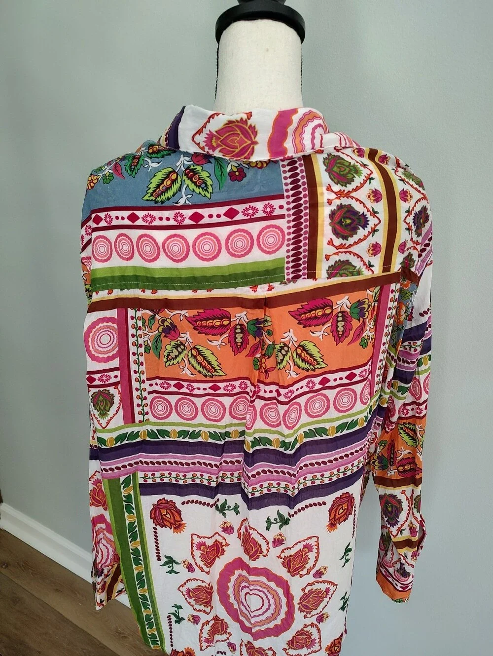Calypso St. Barth Patchwork Style Festive Floral Red Button Down Shirt 2X